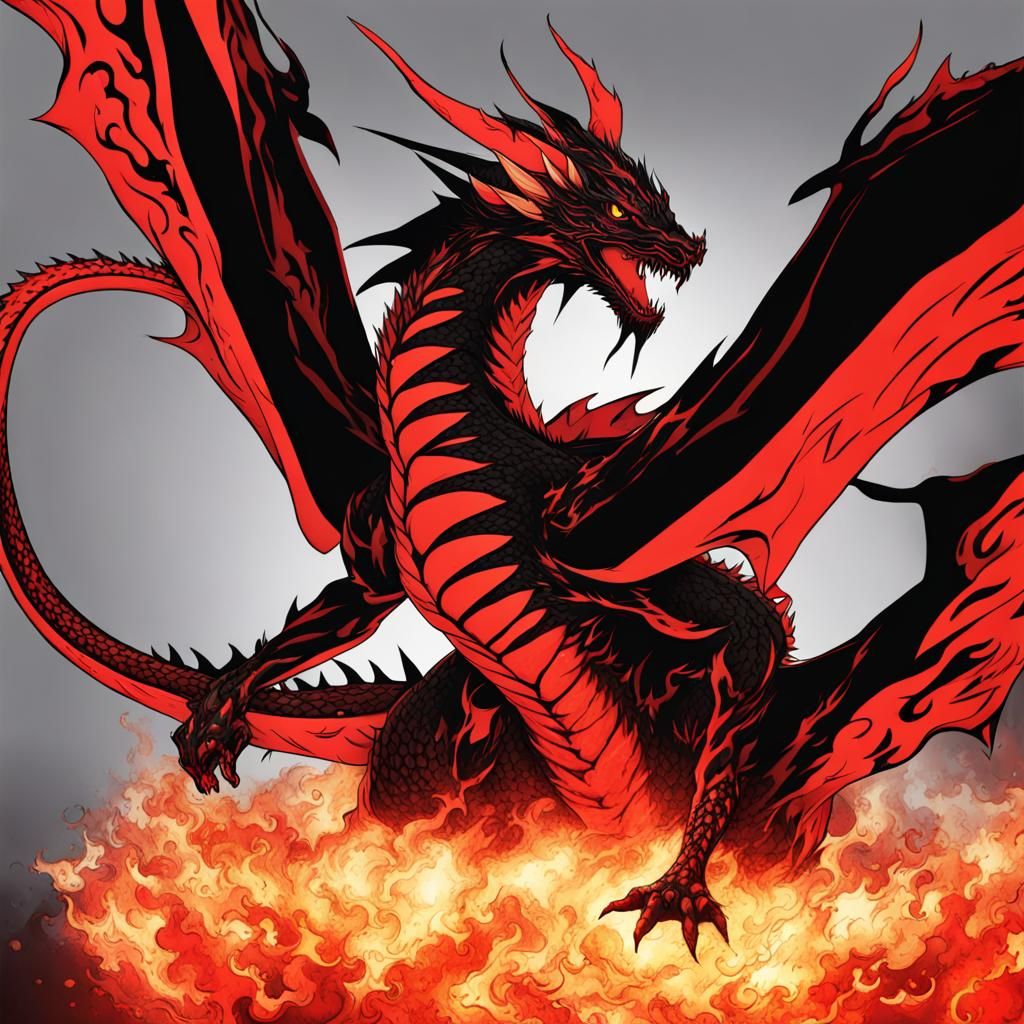 Fire dragon, black and red design, full view of the dragon. - AI ...