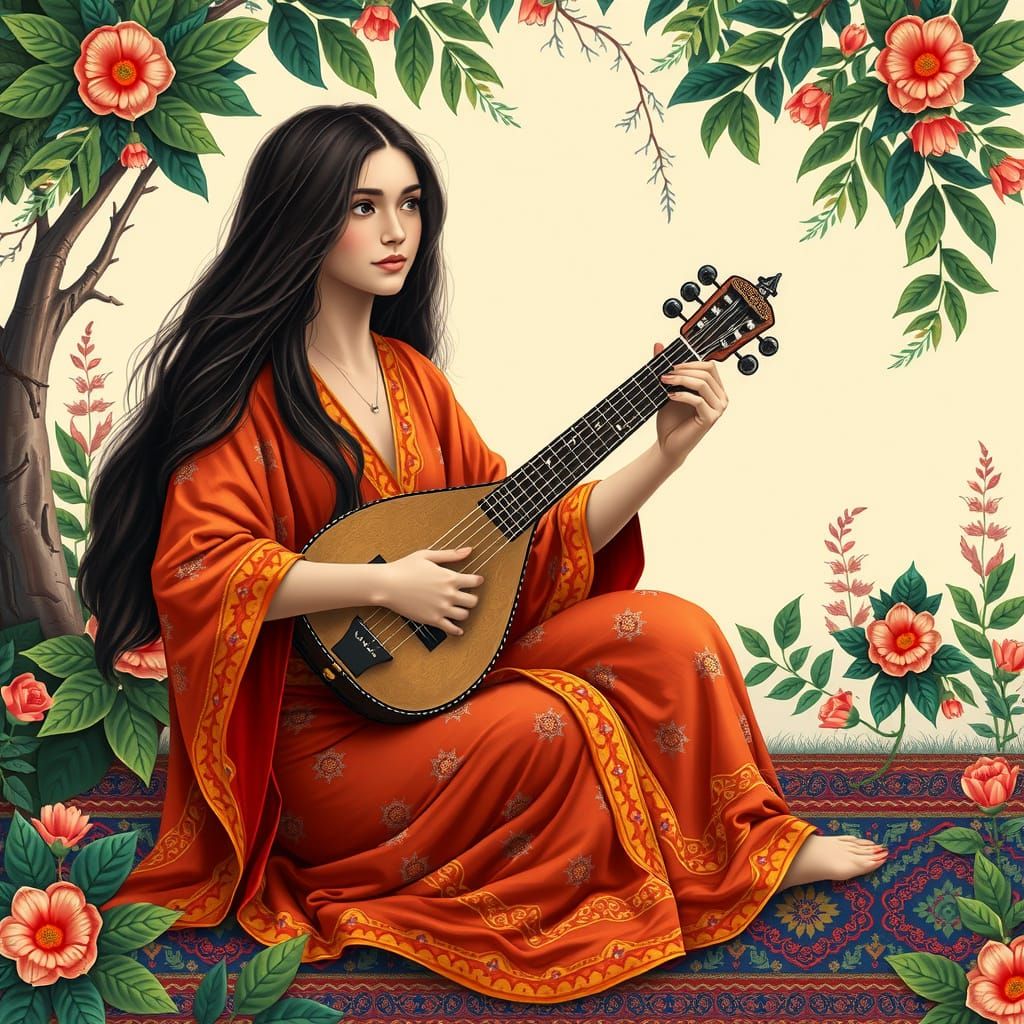 Woman in Persian Miniature Style Plays Lute in Lush Garden