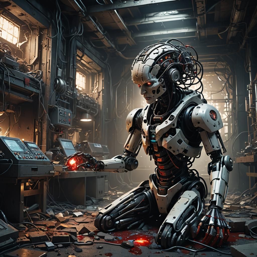 Human Brain being extracted by a female robot in a destroyed...