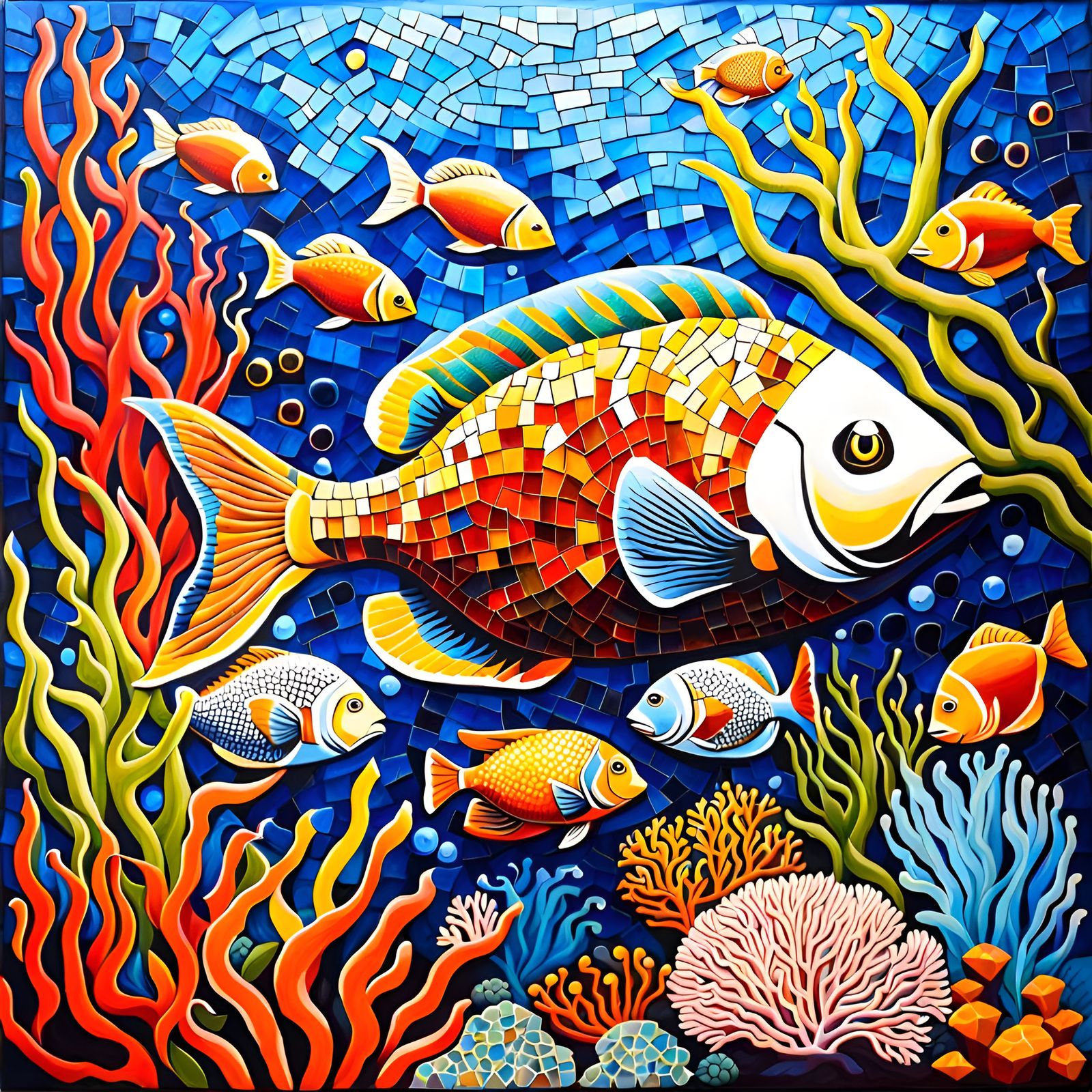 Mosaic creation depicting vibrant marine