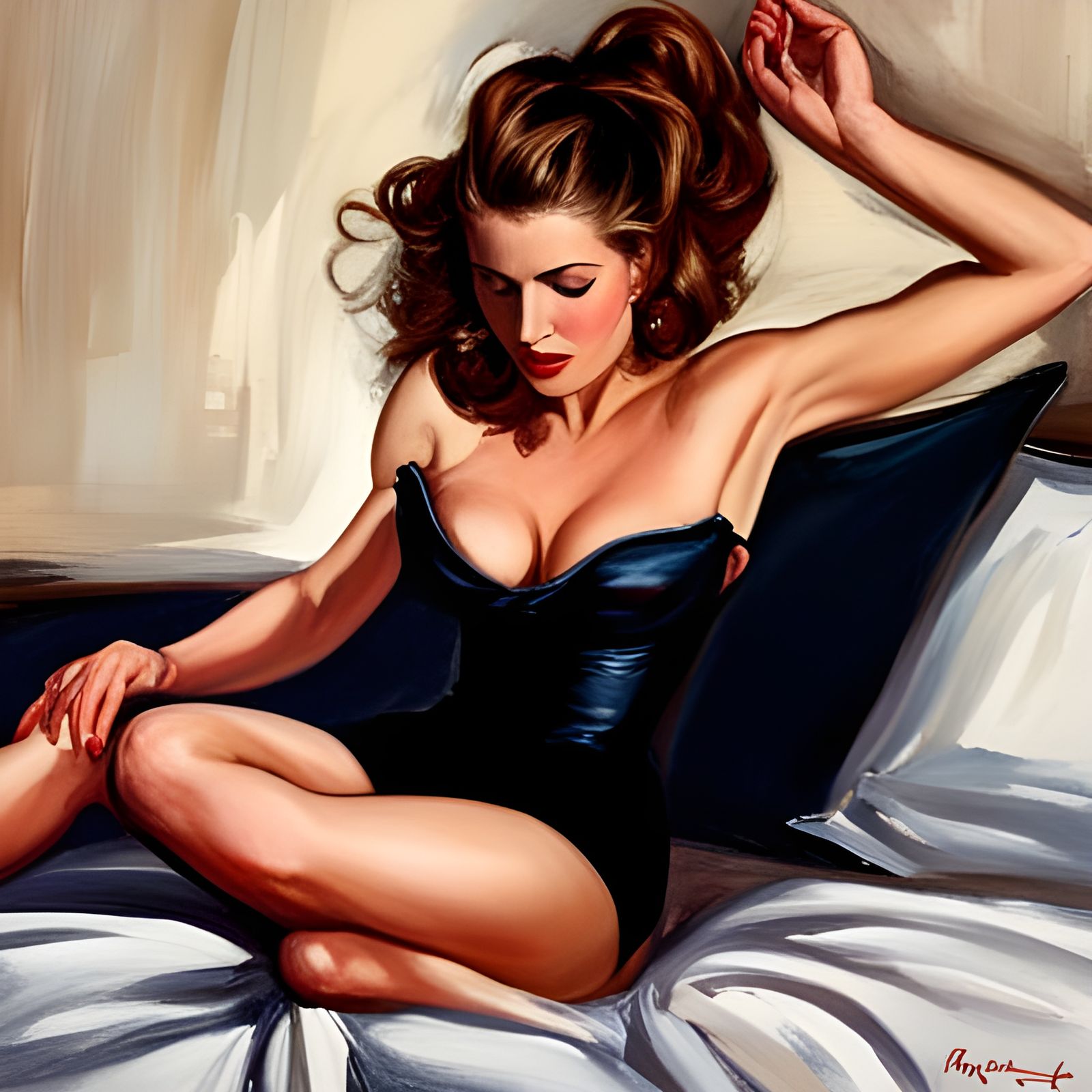 a painting of a woman on a bed, by Gil Elvgren, feminist art...