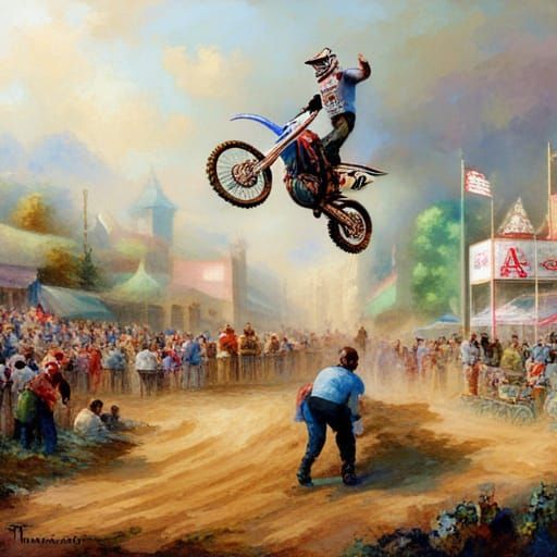 Dirt bike jumping across the finish line for the win