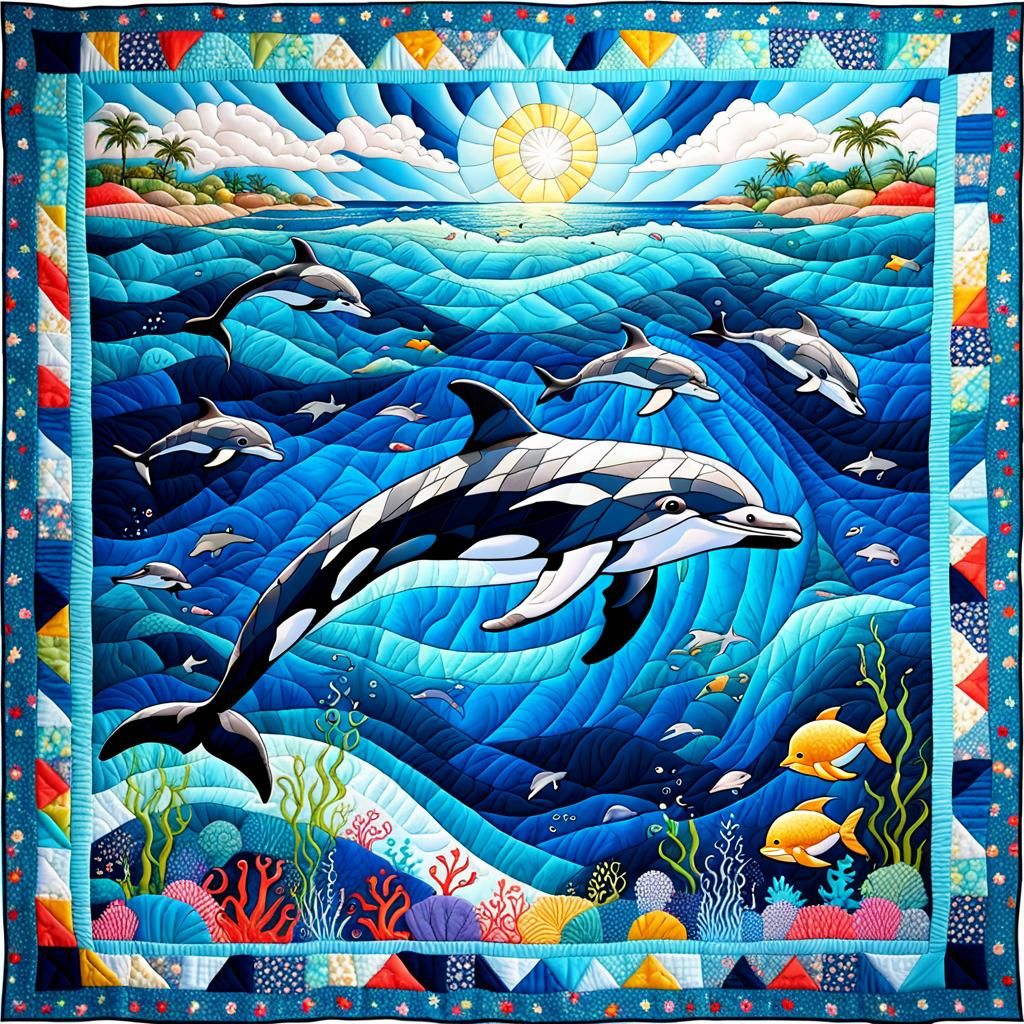 beautiful patchwork quilt with a dolphin and the sea  by @NiceFox