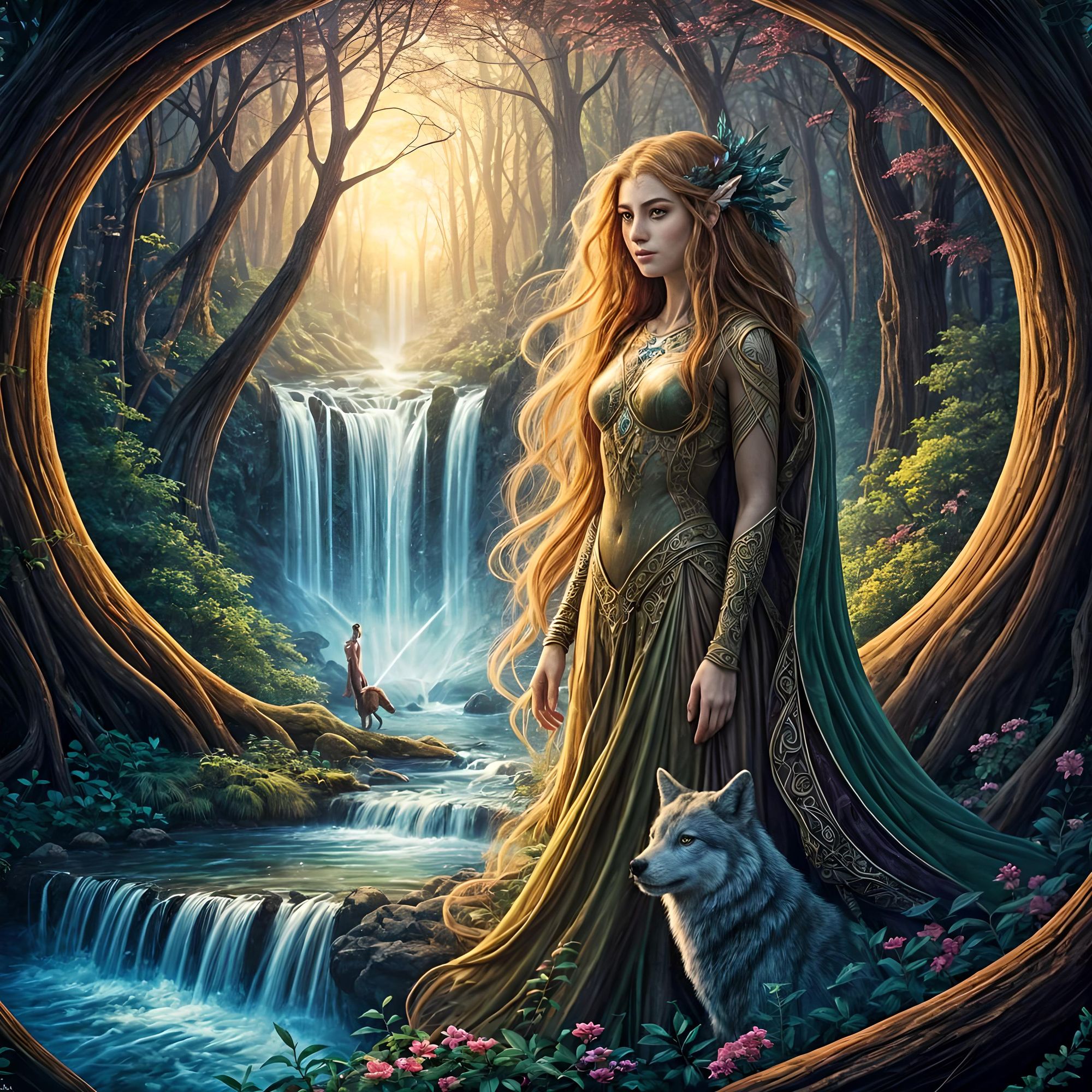 Foresta incantata con cascata, elfa celtica, bel viso, bel corpo, lupo che ulula, portale.