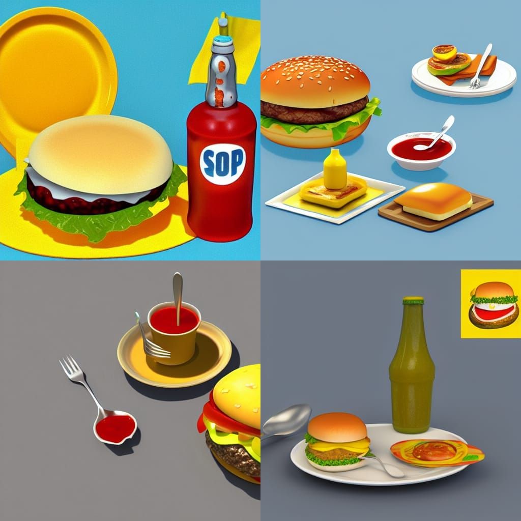 Cheeseburger, hot sauce, plate, fork, knife, spoon, napkin, ...