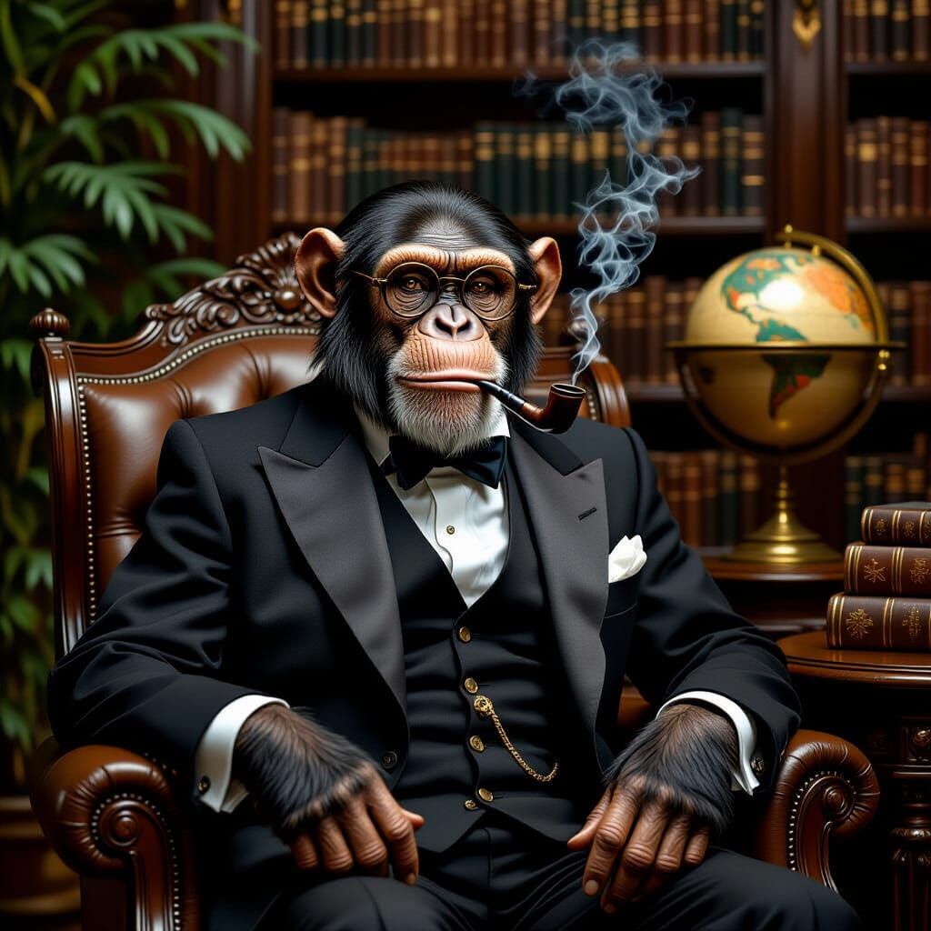 A sophisticated chimpanzee wearing a monocle and smoking a pipe, seated in a grand library filled with leather-bound books and antique globe...