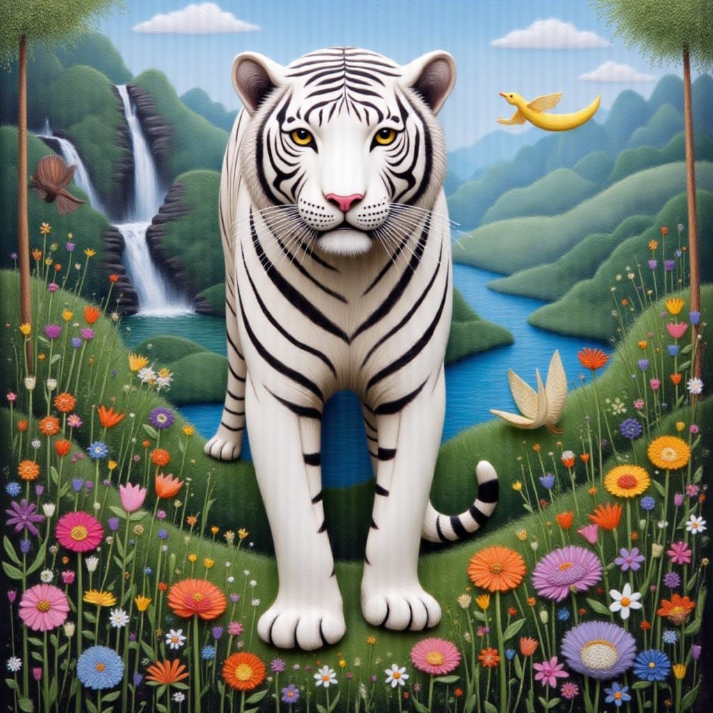 Magnificent white tiger in close up, with a lush summerscape in the background, with beautiful rivers and valleys, waterfalls, flowers, mist...