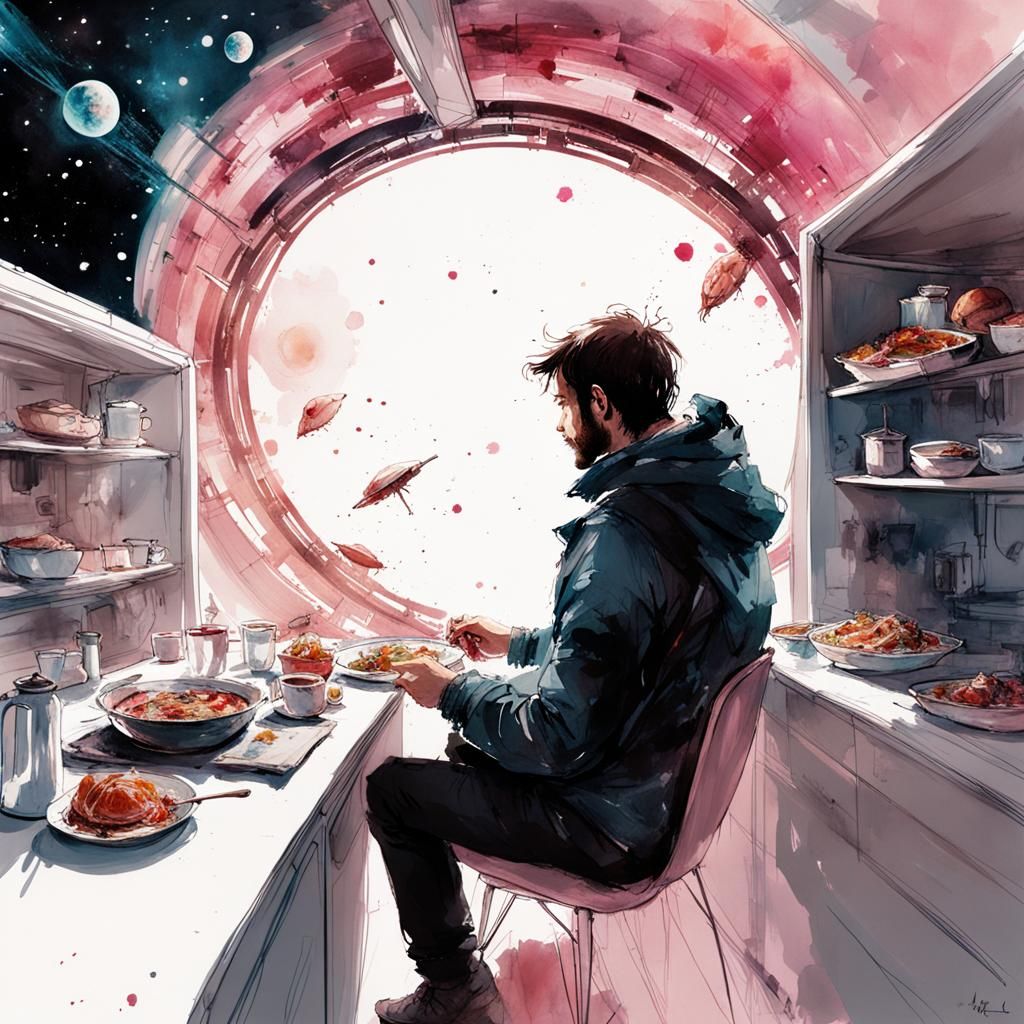 Tired Man's Breakfast in Spaceship: Watercolor Splash Art