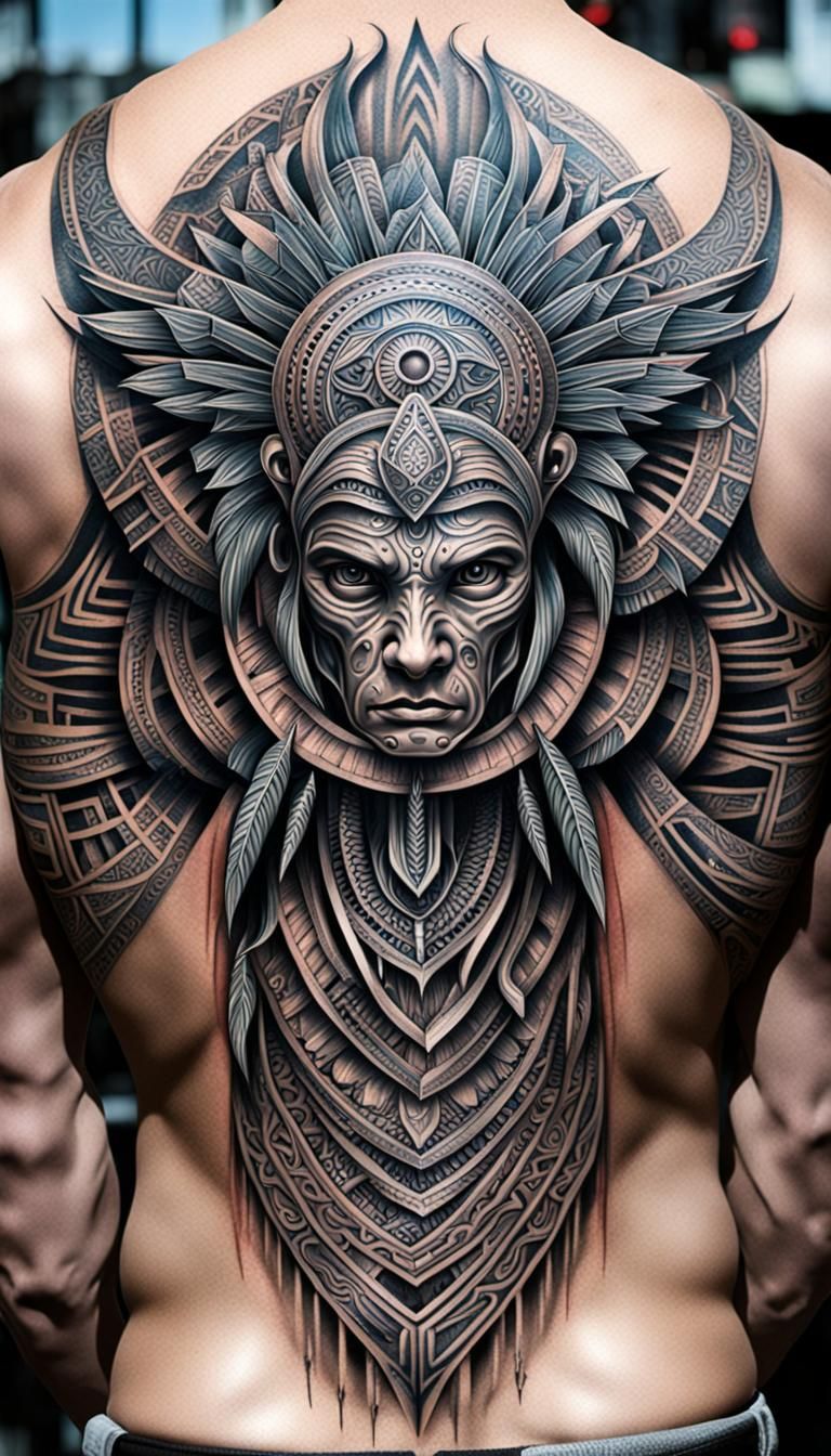 A 3D full back tribal tattoo, realistic, 3d
