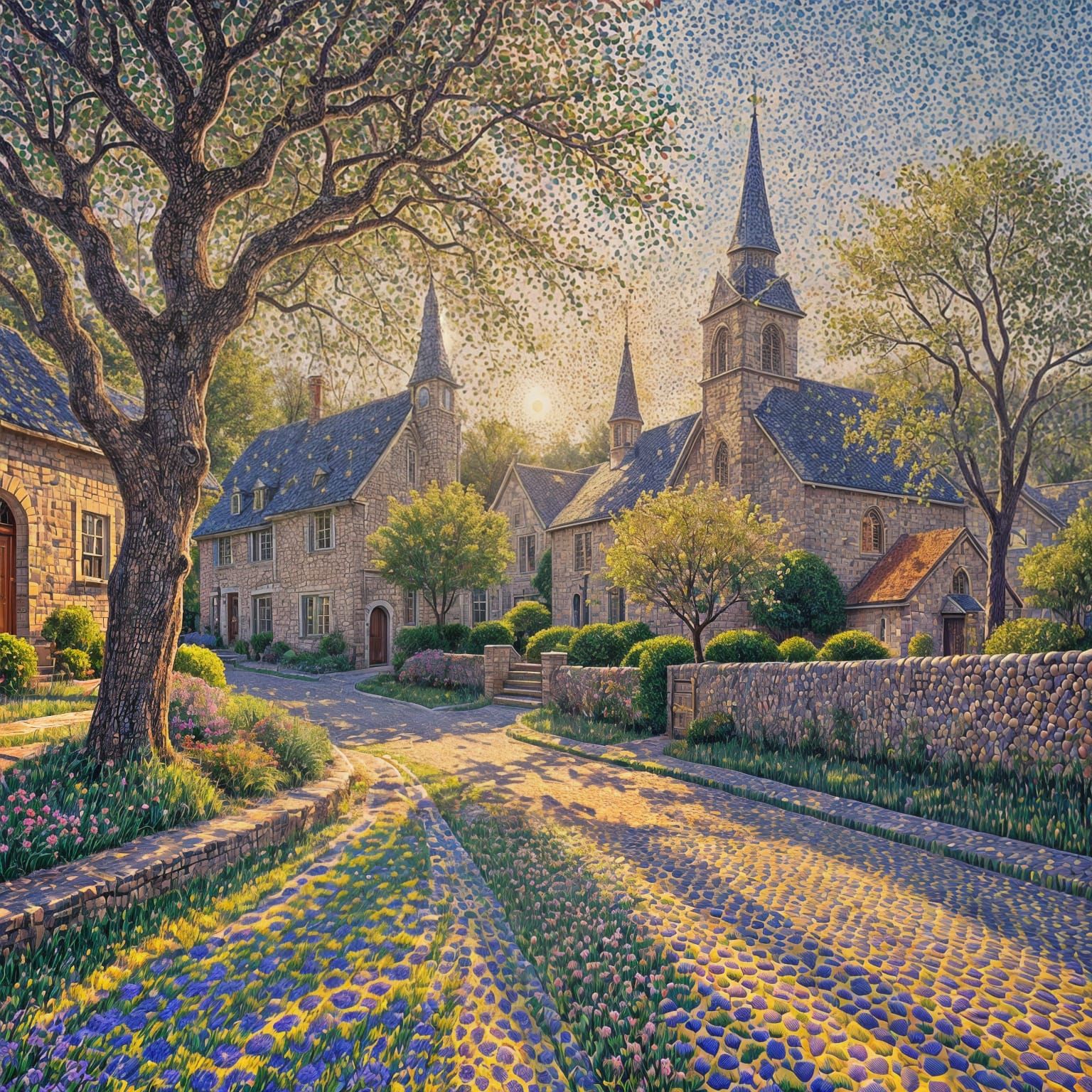 (Pointillist:2.0) painting (by Paul Signac:0.9), (by Georges Seurat:1.1) :: close-up on a street of a ...  by @nayeka