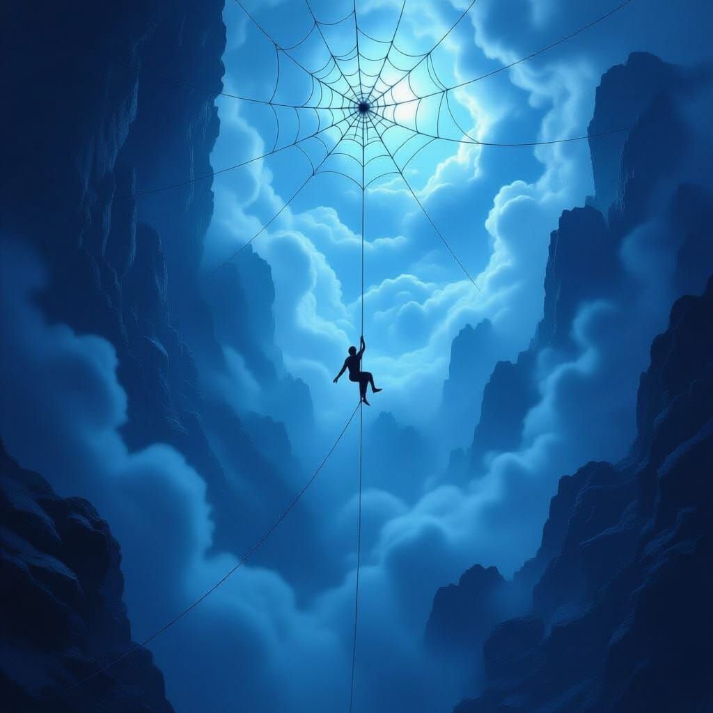 a person is over an abyss and the only thing they have to hold on to is a single spider string that is coming from a spider web