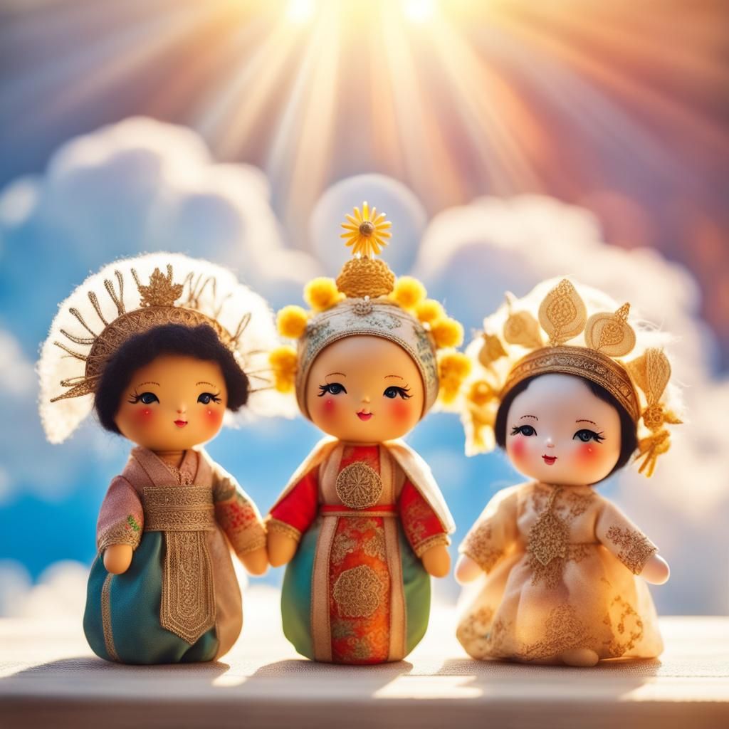 Cute dolls of different cultures. Beautiful Stage background