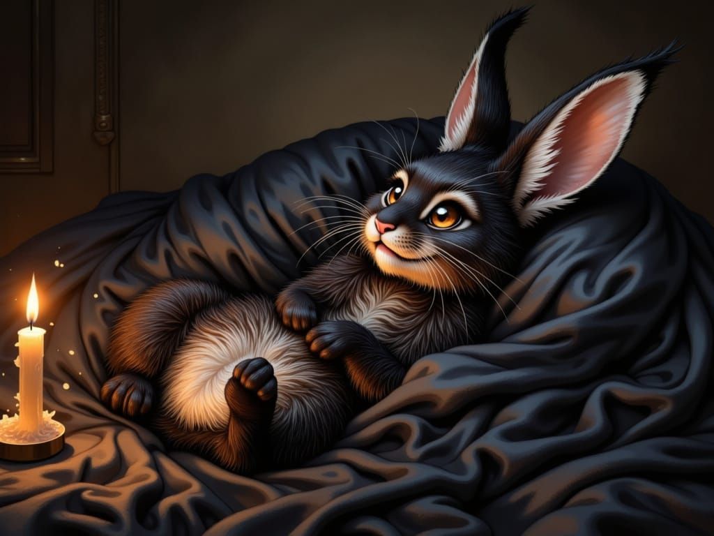 Laughing Furry Bunny Lounging in Gothic Darkness