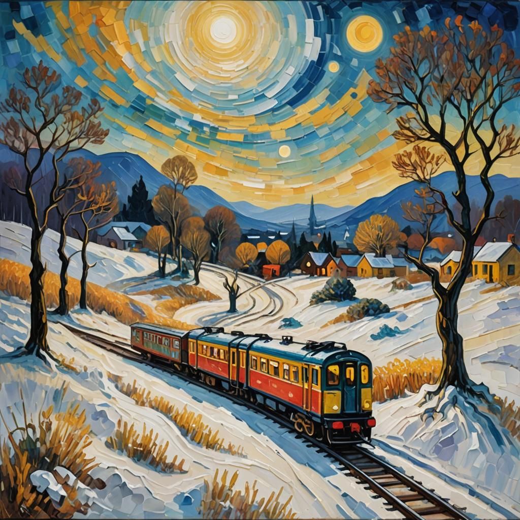 Lunar Train Journey in Neo-Impressionist Style