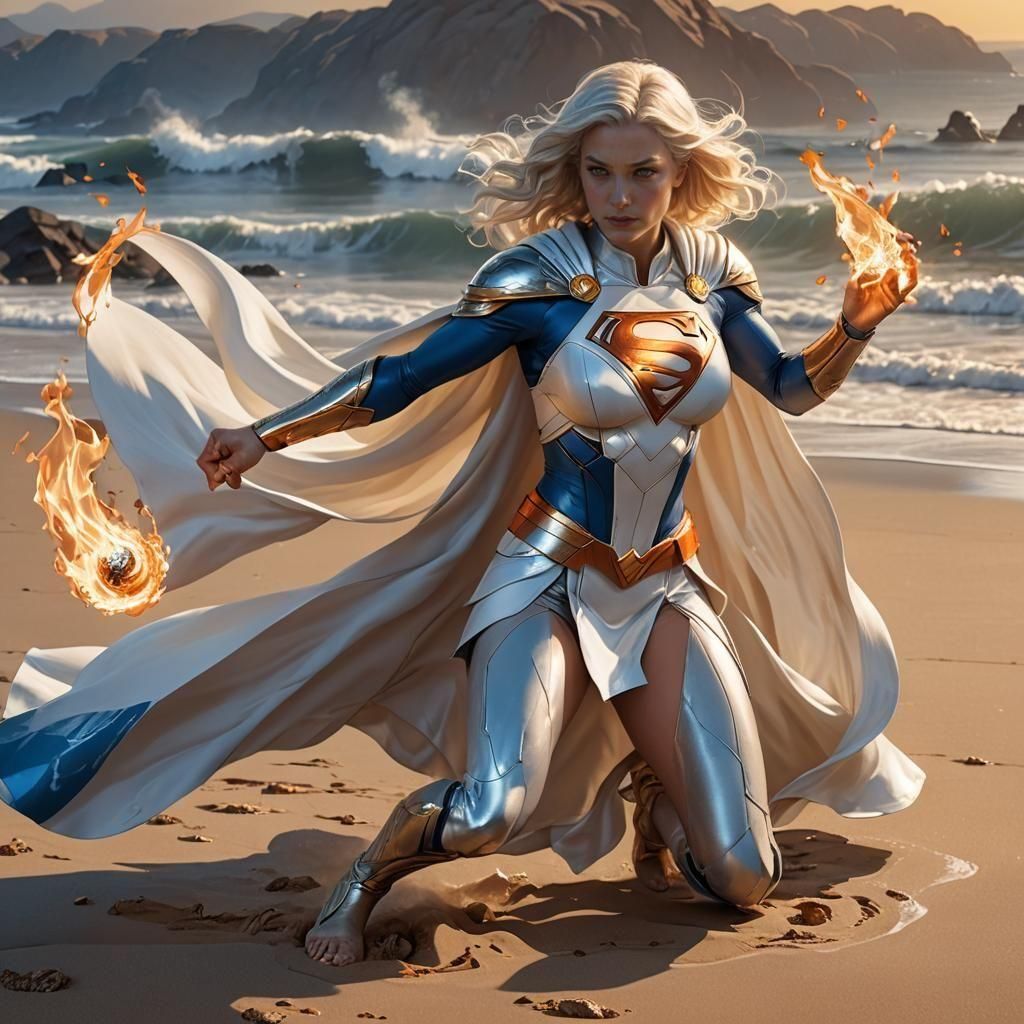 Supergirl, detailed matte painting. Medium shot. Platinum blonde Supergirl practicing fire bending on a beach. Close up. Realistic comic boo...