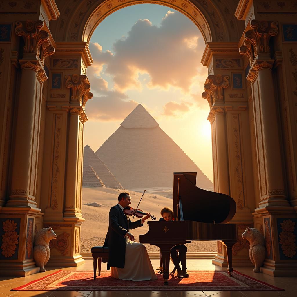 A father plays the violin as the daughter is playing the piano and they're in a big hall that has a huge window with the view of the pyramids of Giza. The father is wearing a suit 