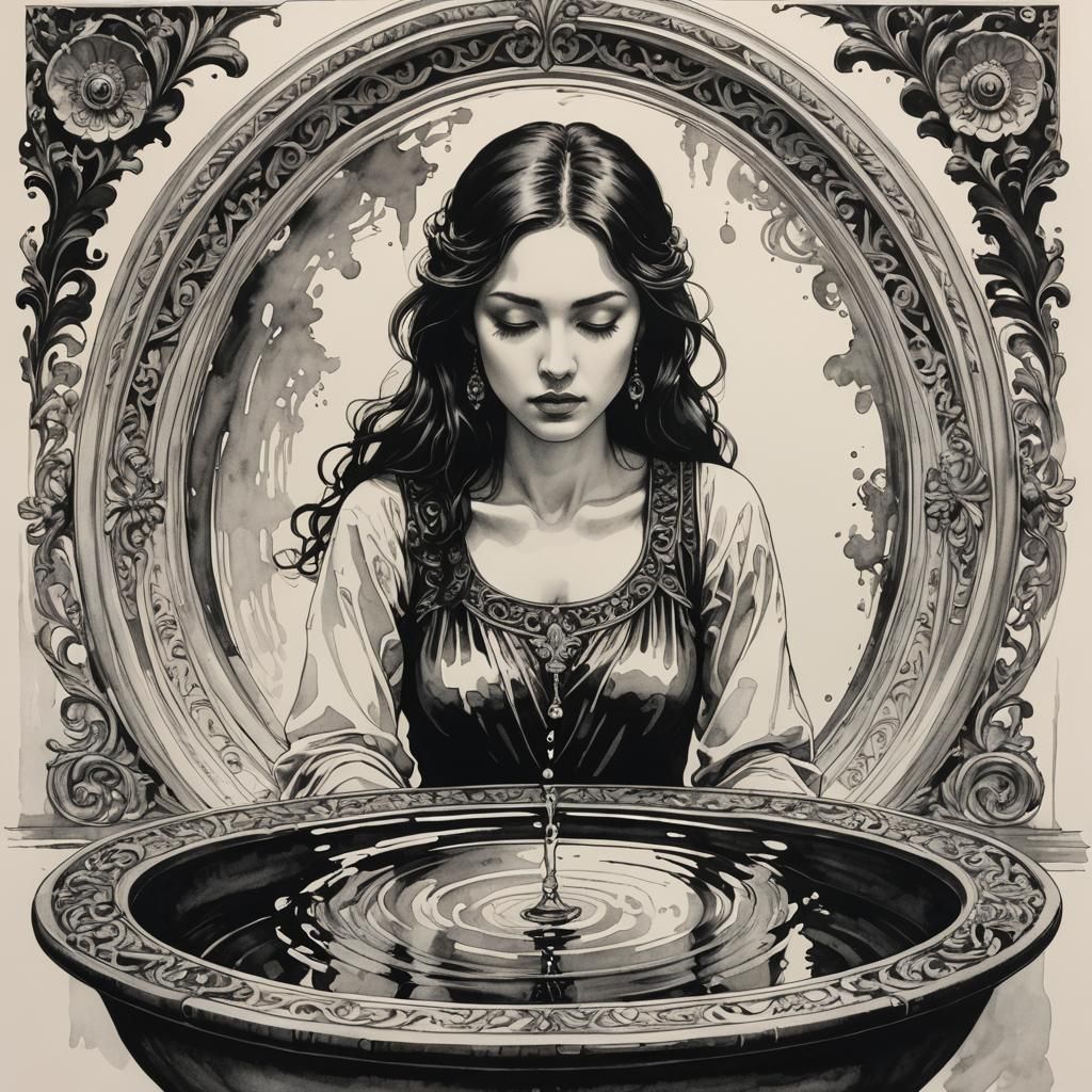 A woman seated in front of an ornate water basin and looking at her reflection.