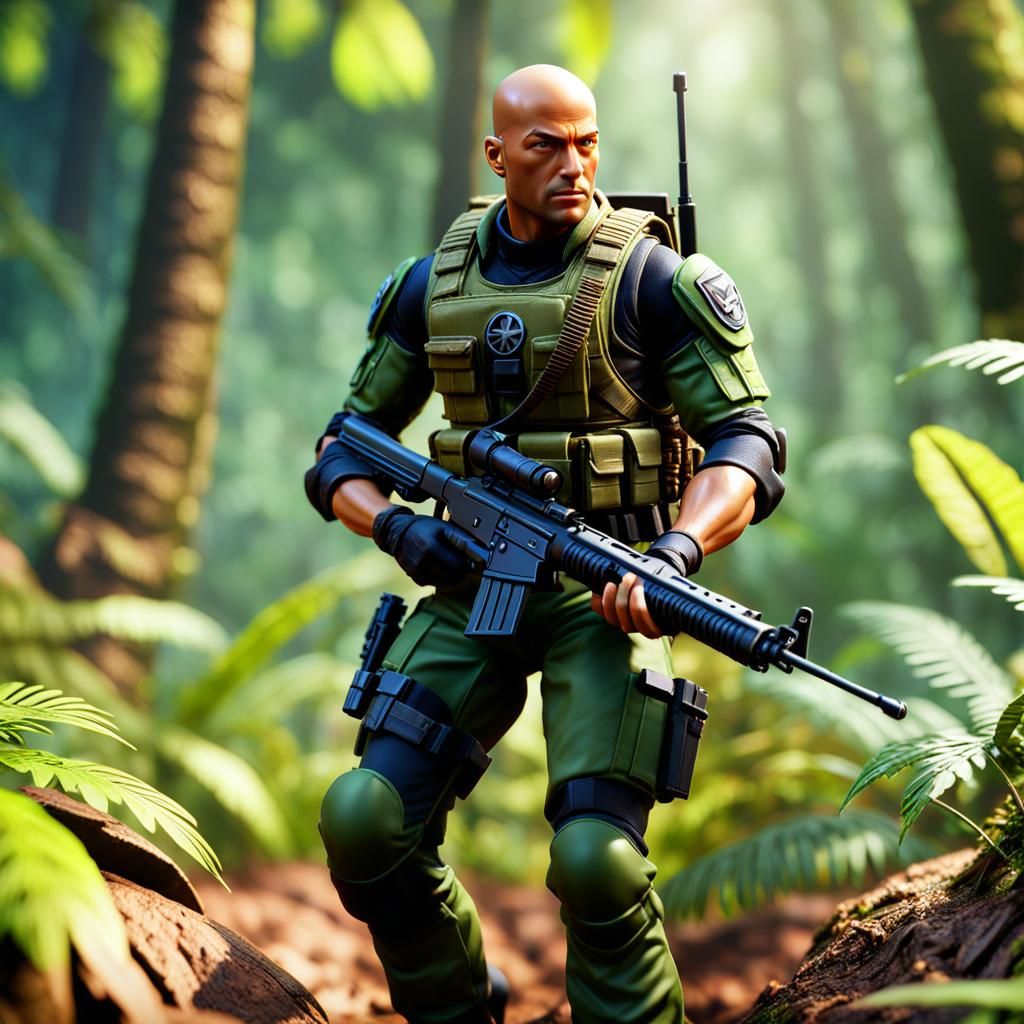 Action figure of GI Joe, jungle forest, , tilt shift, Hyperrealistic, color depth, dramatic, 2/3 face ...  by @morr5750