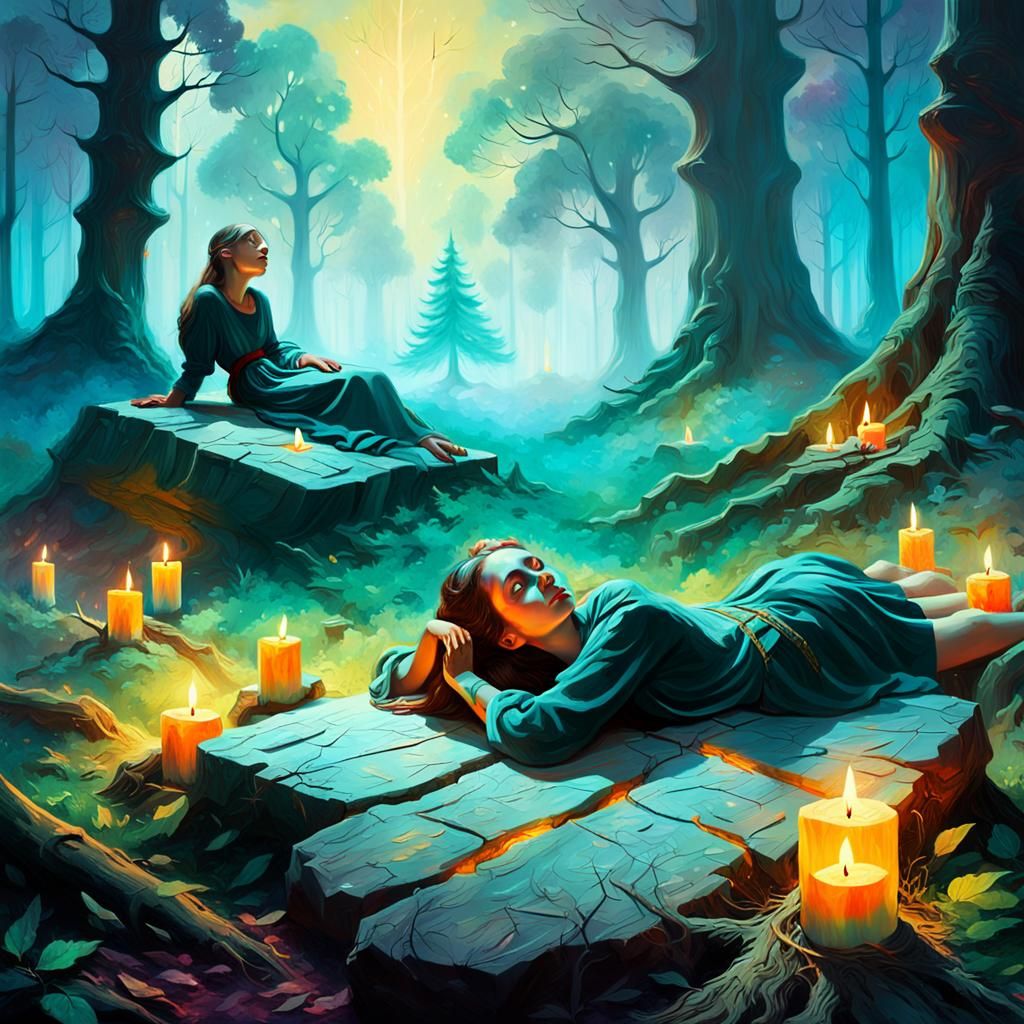 Mystical Forest Glade: Woman in Candlelight, Oil Painting