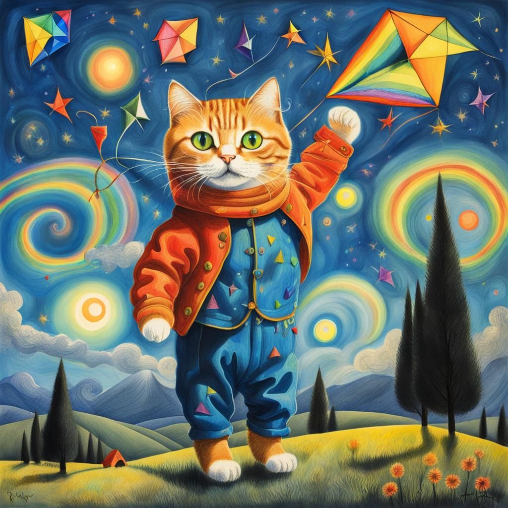 anthropomorphic cats flying  kites, Kids Crayon drawings ,surreal child's drawing , rayograph Man Ray collection of random b&W objects, ligh...