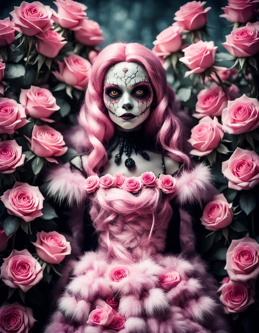 Monster doll woman with beautiful Pink roses with fur dress
