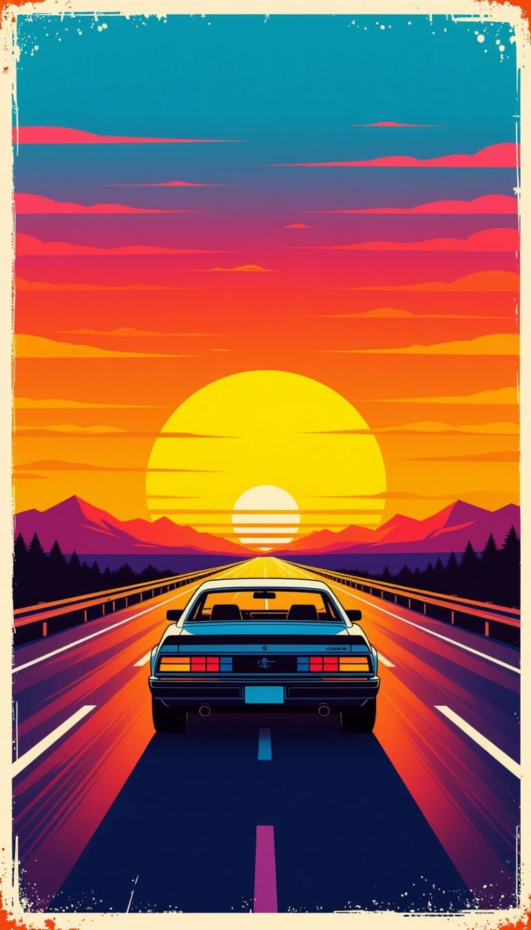 Retro Art Car Driving into Sunset: 80s Pop Art