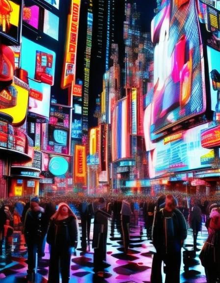Night time in Times Square, New York, sharp focus <lora:Cyberpunk:1.1><lora:Neon Glow:1.0>
