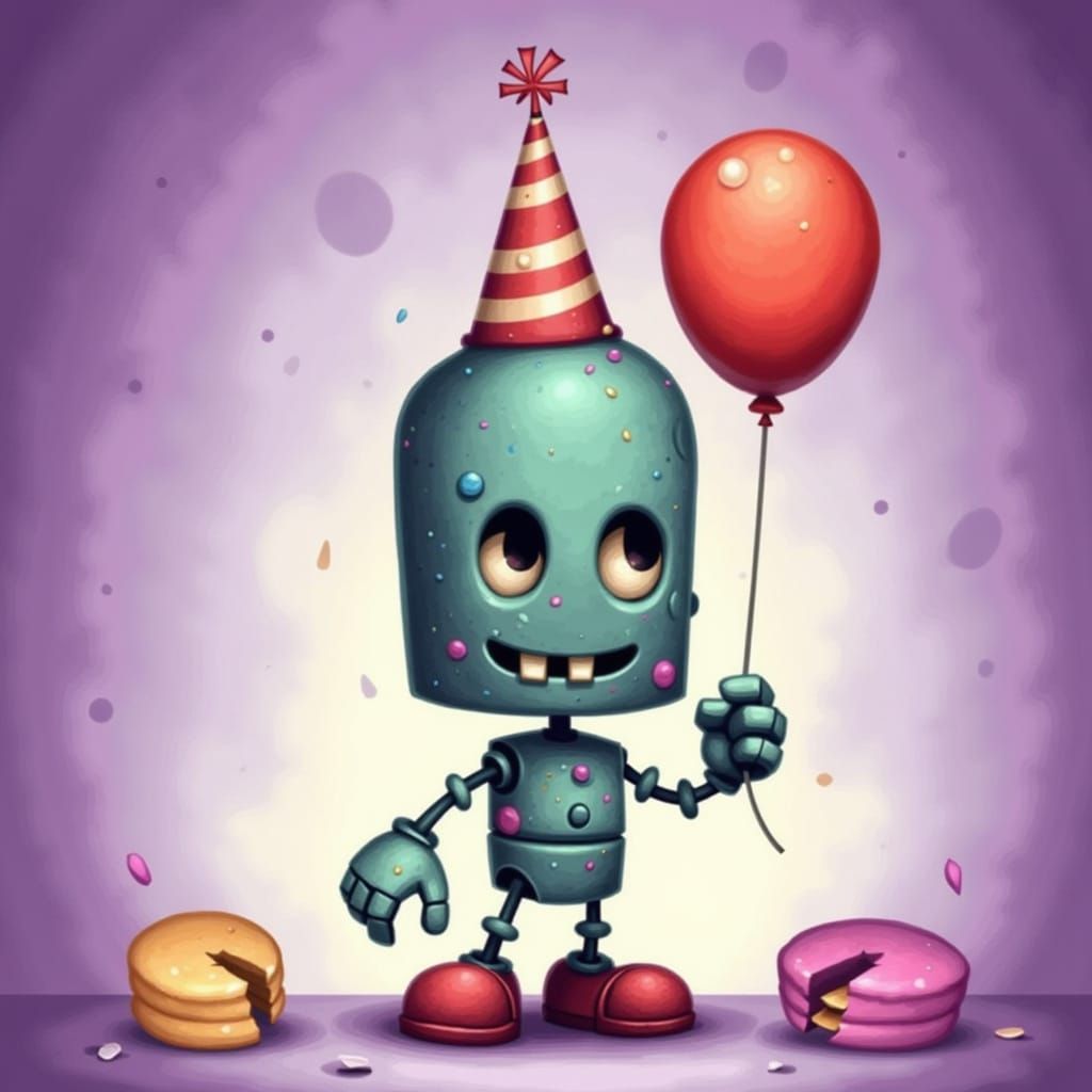 Playful character design. A cute zombie wearing a party hat and holding a balloon, standing in a brightly colored, candy-themed environment....
