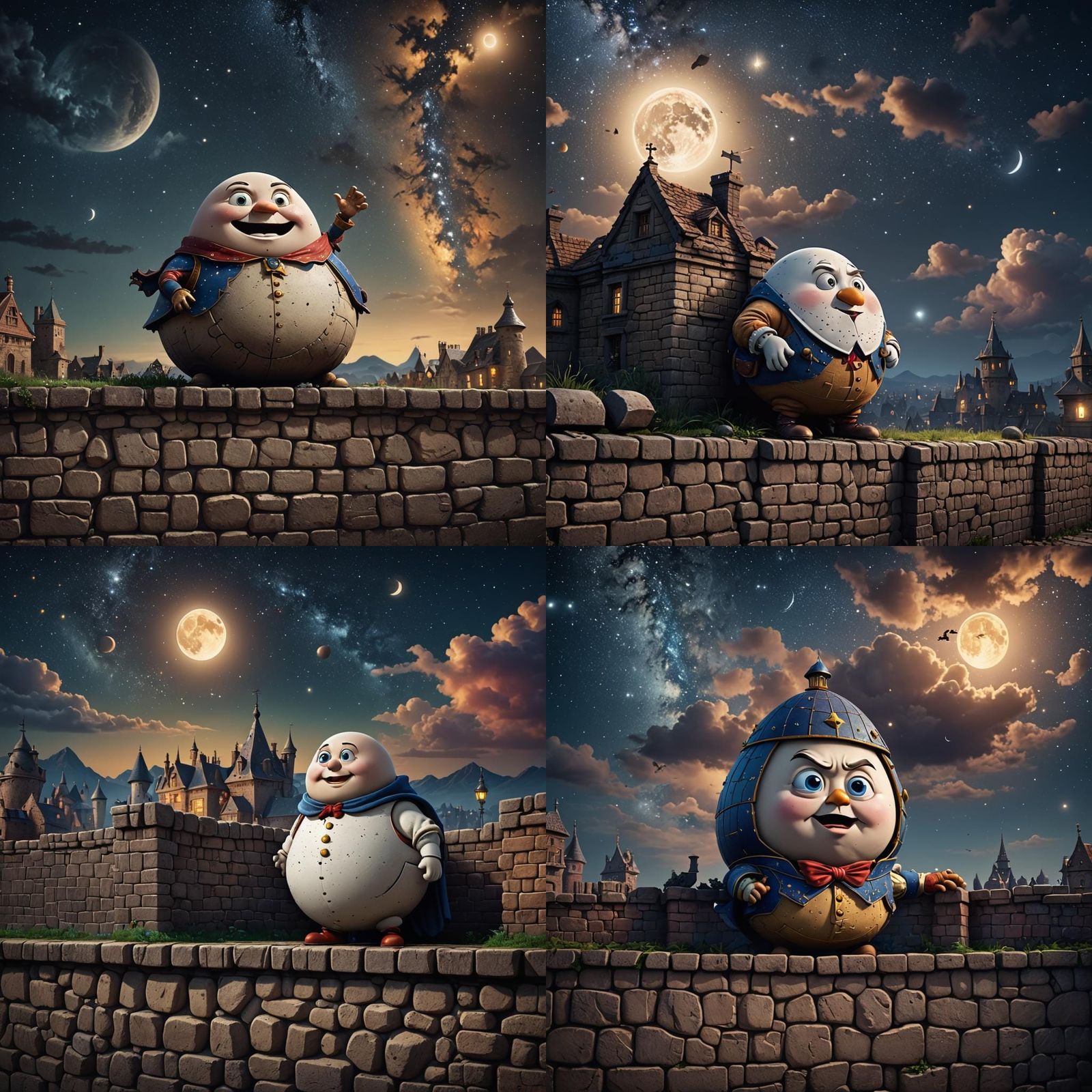 Humpty Dumpty on wall with night sky in background
