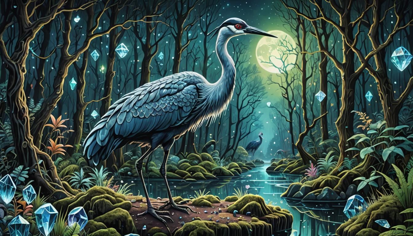 crane, spirit animal, crystals, forest scene, hyper-detailed...