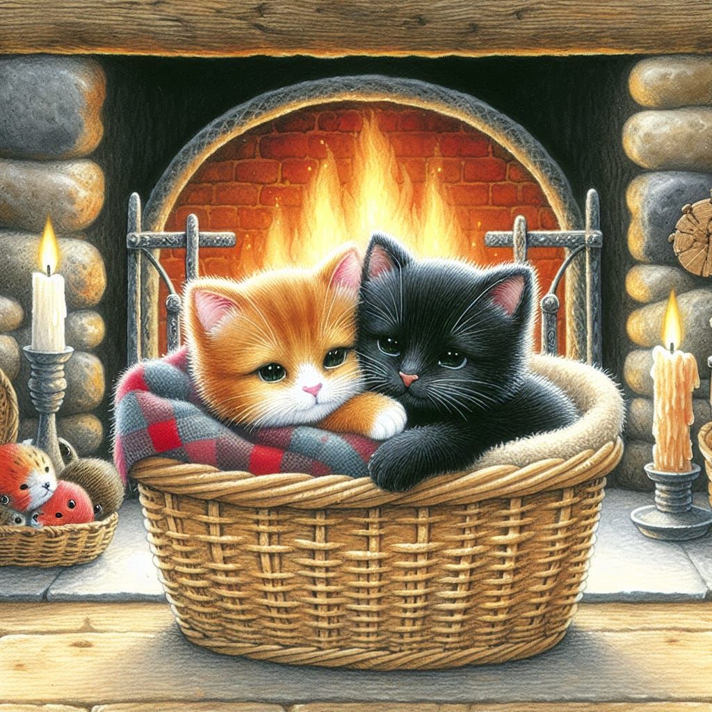 the cute red cat and the cute black cat are cuddled together...