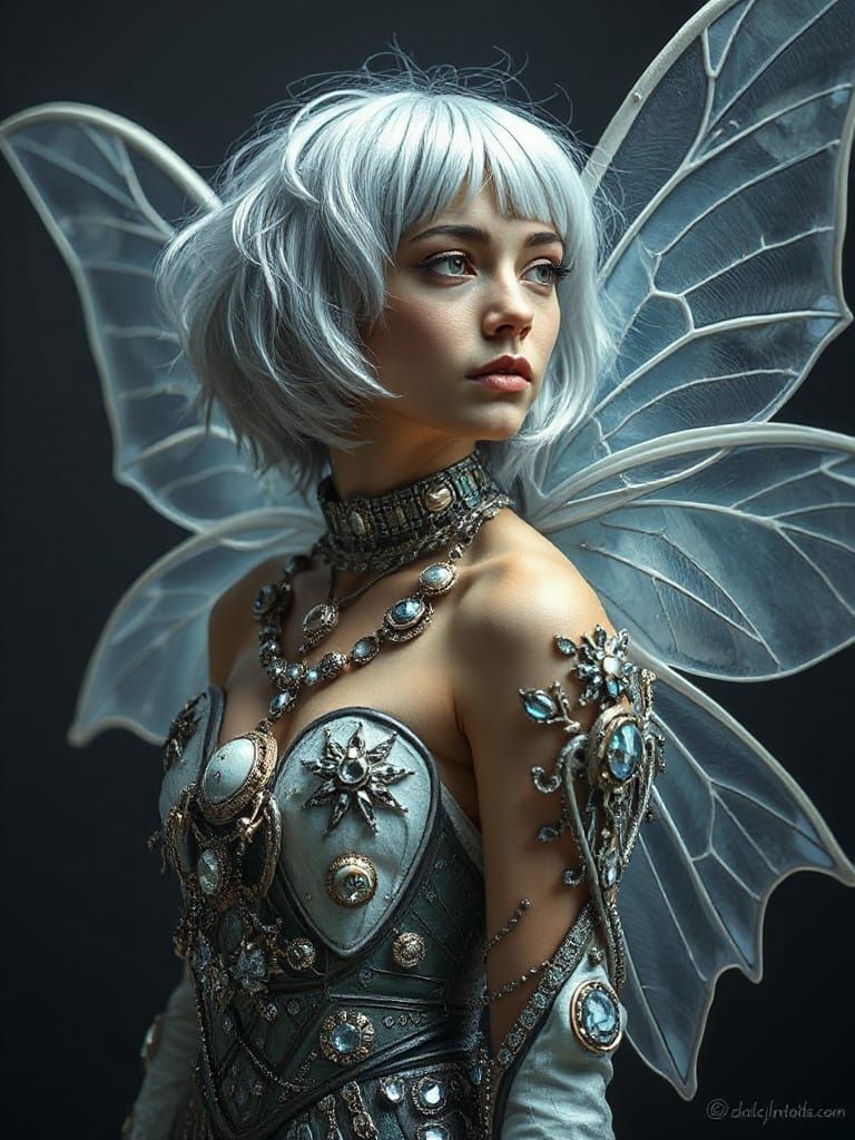 The image depicts a  insanely beautiful woman with a futuristic, celestial appearance, and silver hair adorned in a costume that resembles a...
