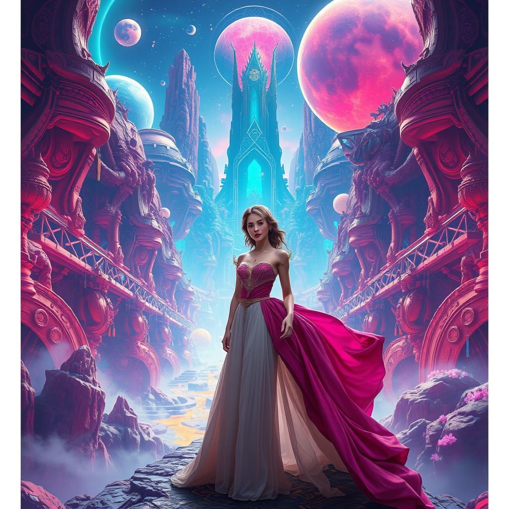 Elegant Woman in Futuristic Digital Dreamscape