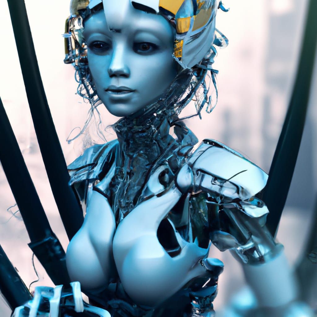 A half assembled gynoid. Her eyes emit a blue light cool col...