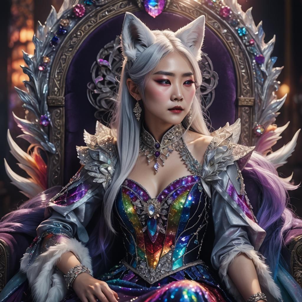 korean lady silver hair rainbow dress rainbow crystals white...