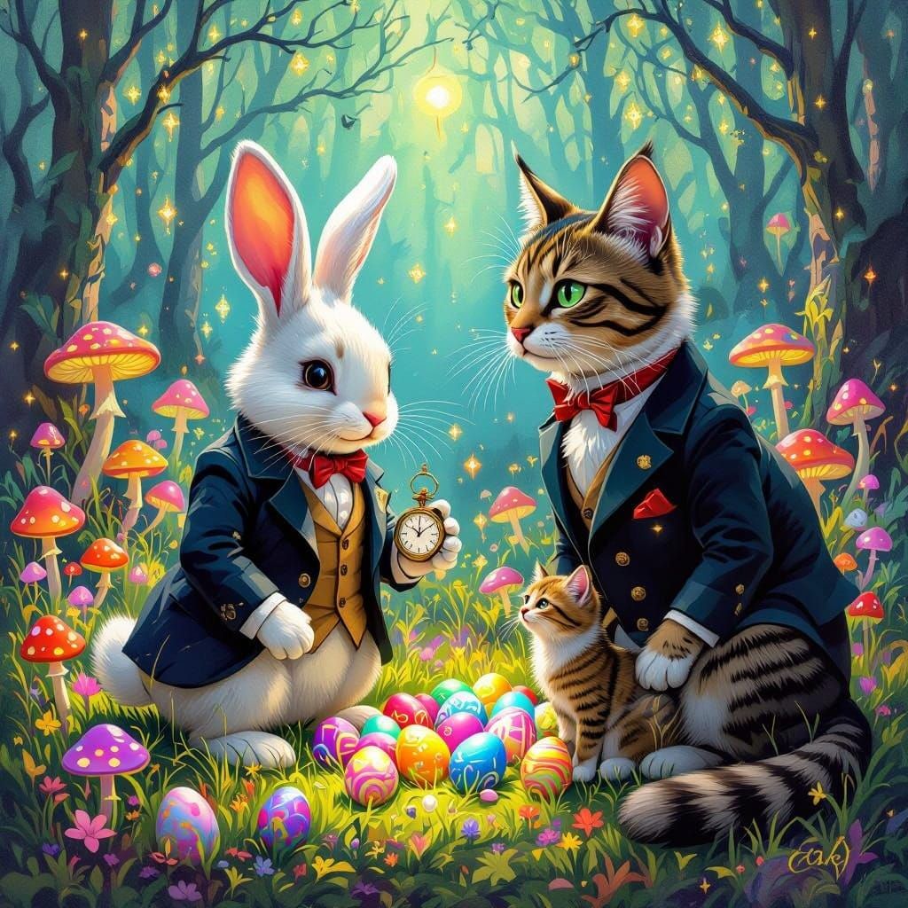 Medium shot. A mischievous Easter bunny hides colorful eggs in a vibrant, bioluminescent forest. The ...  by @HIKER