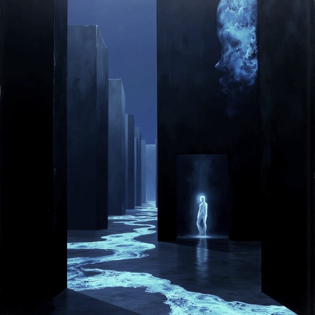 Labyrinthine Computer World with Neon Head