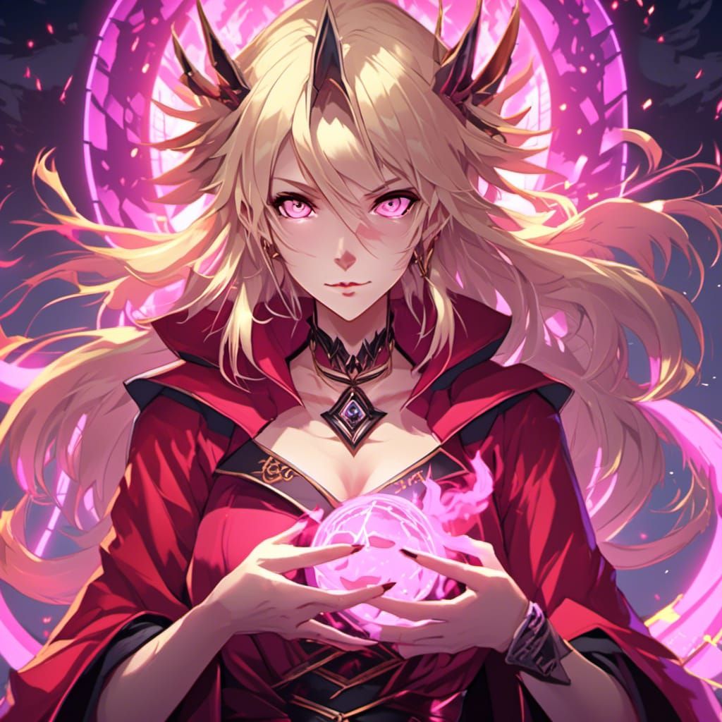 Attractive Female Sorcerer, Blonde Hair, Pink Eyes, Portrait, Large Bust, Anime, Crimson Robes, Powerful Magic <lora:Dark Theme Anime:1.0>