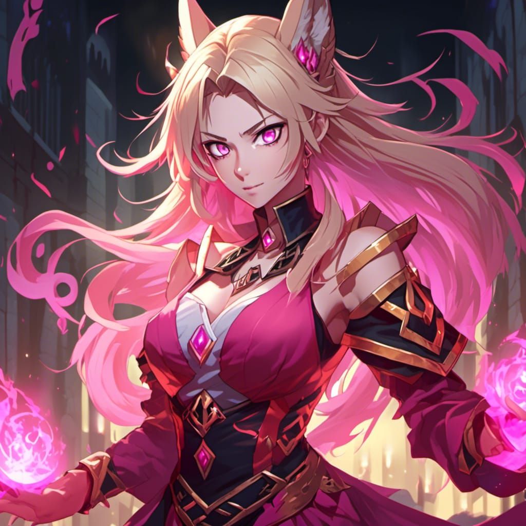 Attractive Female Sorcerer, Blonde Hair, Pink Eyes, Portrait, Large Bust, Anime, Crimson Robes, Powerful Magic <lora:Dark Theme Anime:1.0>