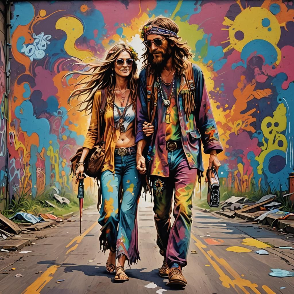 hippie man and woman walking to woodstock  by @Mbdssants