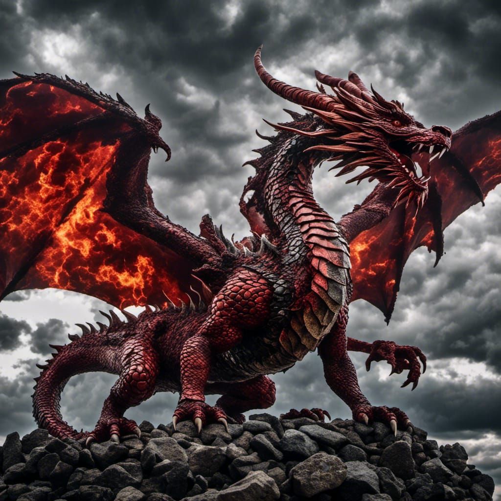 Red dragon breathing fire from its mouth with storm clouds in the background. <lora:Dragon Style:1.0> 