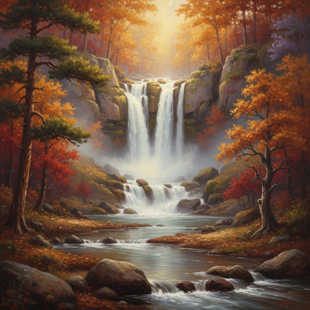 The painting depicts the power of water, flowing smoothly and calmly through an autumn forest. The waterfall shimmers and cascades between r...