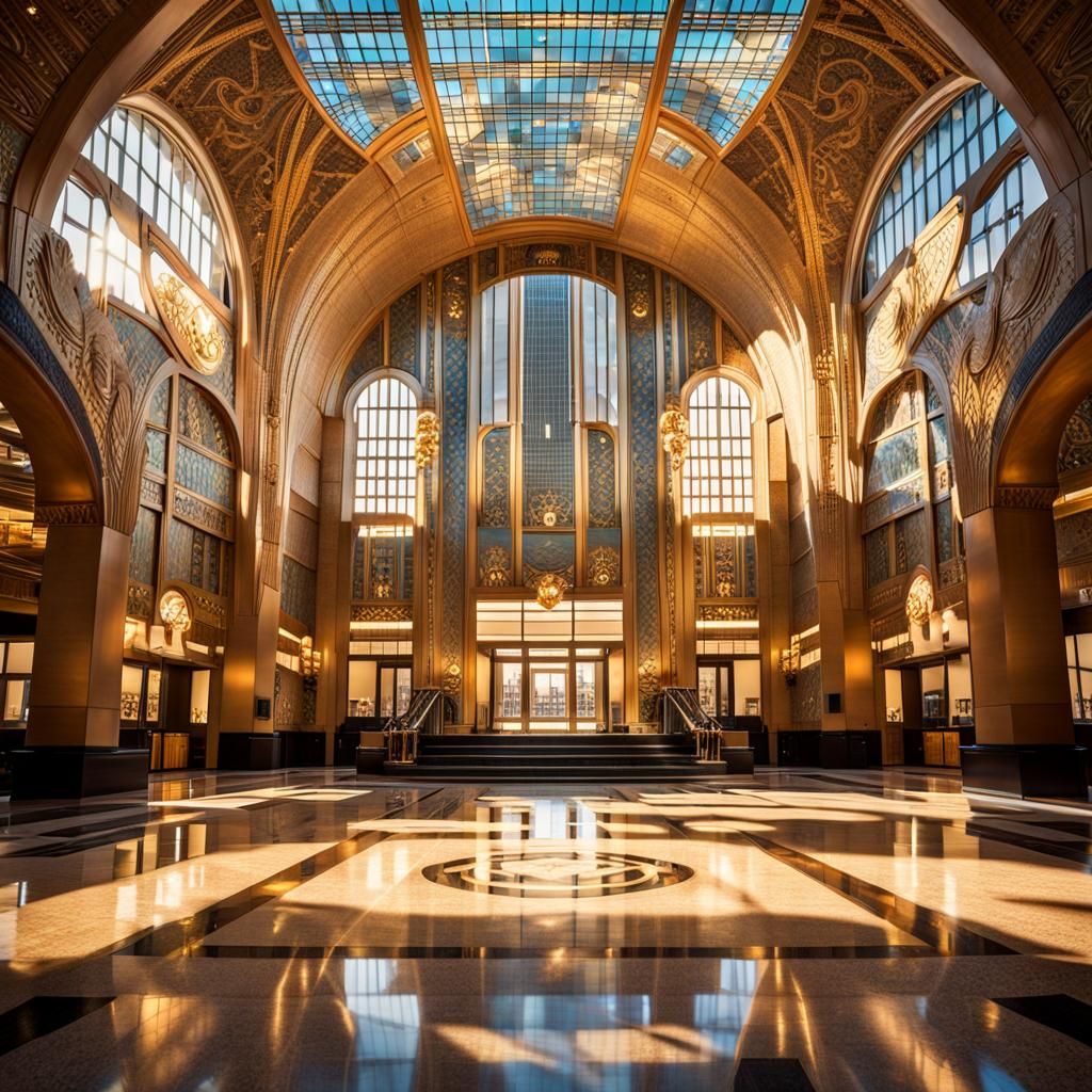 Interior of the lobby of a sky scraper in the art deco style