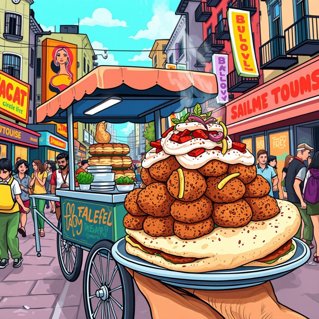 Falafel Cart on Bustling Street, Illustration Style