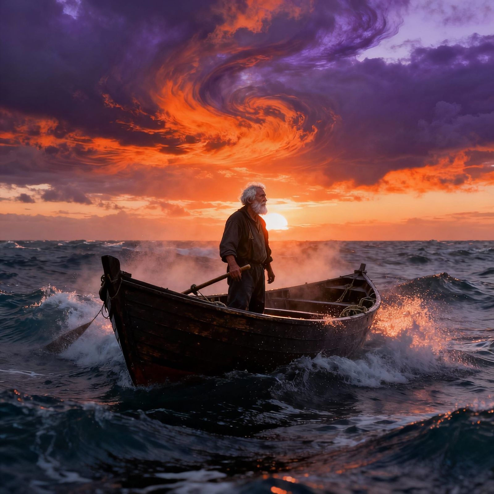 "A solitary, grizzled fisherman standing in a traditional, dark-wood fishing boat on a vast, turbulent ...  by @Xykko