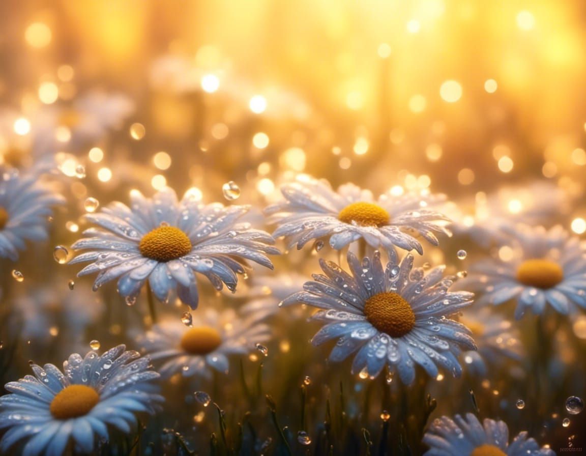 Dew-Kissed Daisies in Misty Garden: Macro Photography