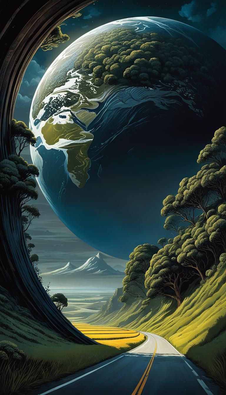 surreal concept art:: a road on a dark globe