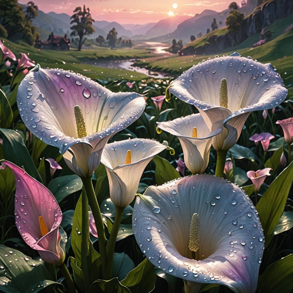 "Closeup of Radiant iridescent dewdrops on a white arum lily, stream and valley background, pink early ...  by @Lazy Turtle