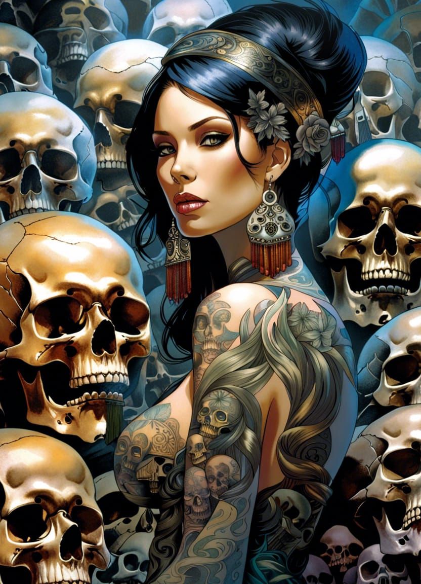 Mesmerizing beautiful woman, cool skull tattoos woman being ...