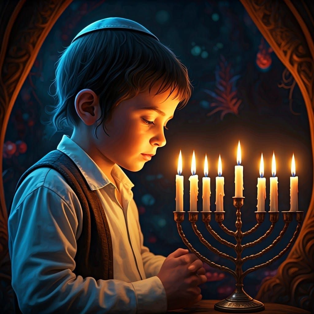 Young Hasidic Boy Illuminates Menorah in Whimsical Fantasy L...